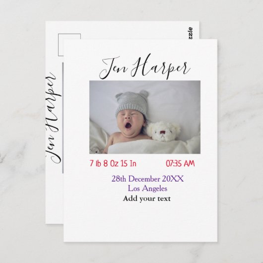 Baby birth stats add name place date keepsake memo briefkaart (Voorkant / Achterkant)