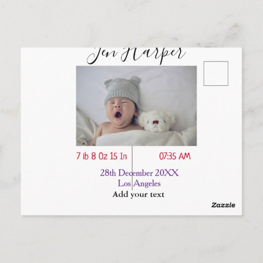 Baby birth stats add name place date keepsake memo briefkaart (Achterkant)