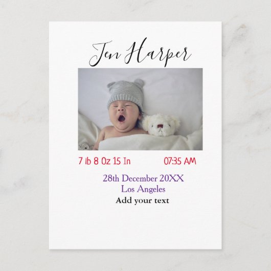 Baby birth stats add name place date keepsake memo briefkaart (Voorkant)
