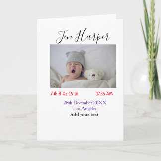 Baby birth stats add name place date keepsake memo kaart