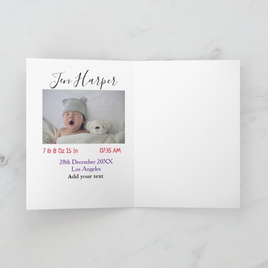 Baby birth stats add name place date keepsake memo kaart (Binnen)