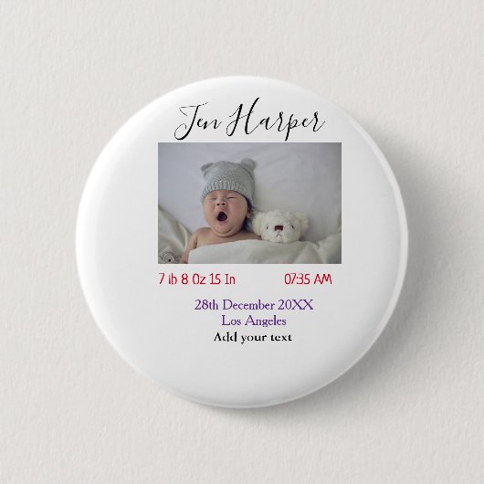 Baby birth stats add name place date keepsake memo ronde button 5,7 cm (Voorkant)