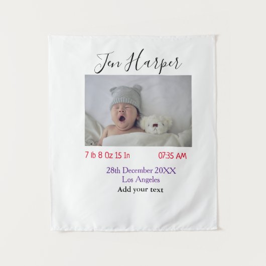Baby birth stats add name place date keepsake memo wandkleed (Voorkant)
