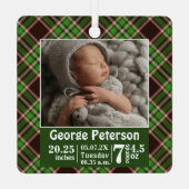 Baby Birth Stats Birth Record Foto Green Pset Metalen Ornament (Achterkant)
