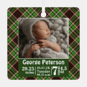 Baby Birth Stats Birth Record Foto Green Pset Metalen Ornament (Voorkant)