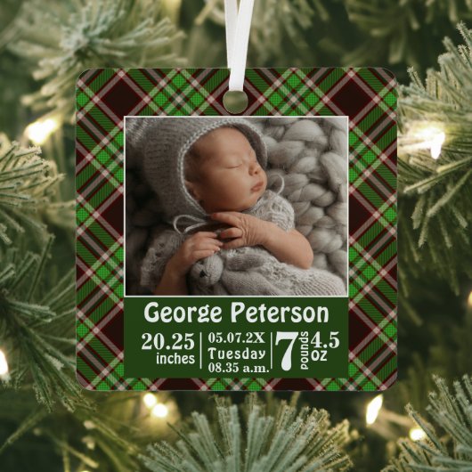 Baby Birth Stats Birth Record Foto Green Pset Metalen Ornament (Insitu)