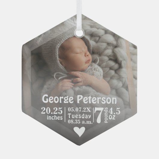 Baby Birth Stats Birth Record Foto met Kerstmis Glas Ornament (Voorkant)
