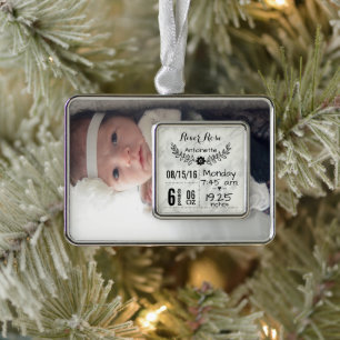 Baby Birth Stats Birth Record kerstfoto Verzilverd Omlijst Ornament