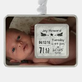 Baby Birth Stats Birth Record kerstfoto Verzilverd Omlijst Ornament