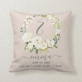 Baby Birth Stats Blush Pink White Floral Wreate Kussen