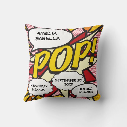 Baby Birth Stats Comic Book Pop Art Keepslag Kussen (Achterkant)