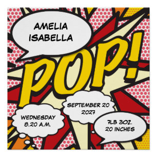 Baby Birth Stats Comic Book Pop Art Keepslag Perfect Poster