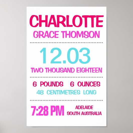 Baby Birth Stats Custom Wall Print Poster - Roze (Voorkant)