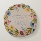 Baby Birth Stats | Floral Embroidery Kijk Nursery Rond Kussen (Achterkant)