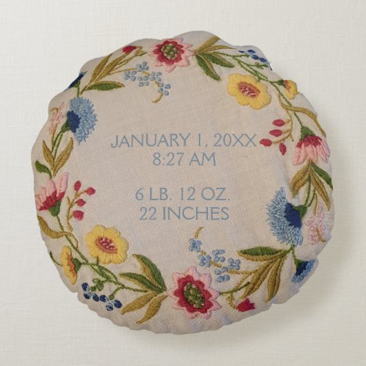 Baby Birth Stats | Floral Embroidery Kijk Nursery Rond Kussen (Achterkant)