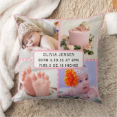 Baby Birth Stats Four Photo Collage roze polka dot Kussen (Deken)