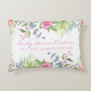 Baby Birth Stats Girl Name Tropical Floral Accent Kussen