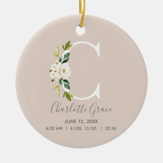 Baby Birth Stats Record Blush Photo Monogram C Keramisch Ornament (Voorkant)
