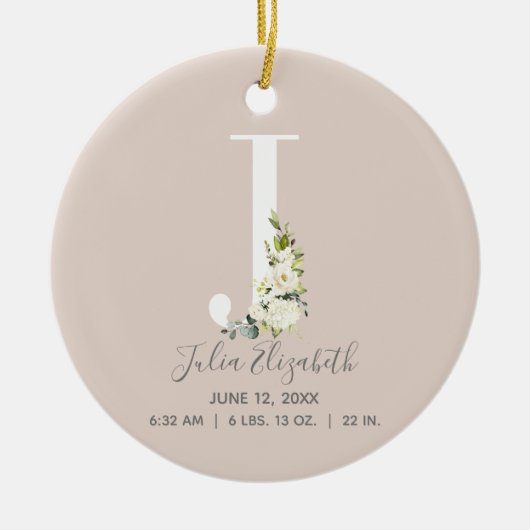 Baby Birth Stats Record Blush Photo Monogram J Keramisch Ornament (Voorkant)