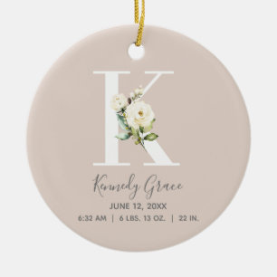 Baby Birth Stats Record Blush Photo Monogram K Keramisch Ornament