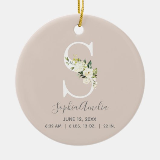 Baby Birth Stats Record Blush Photo Monogram S Keramisch Ornament (Voorkant)