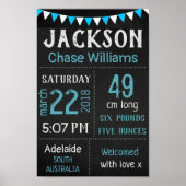 Baby Birth Stats Wall Print Poster - Blue Chalk (Voorkant)