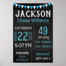 Baby Birth Stats Wall Print Poster - Blue Chalk