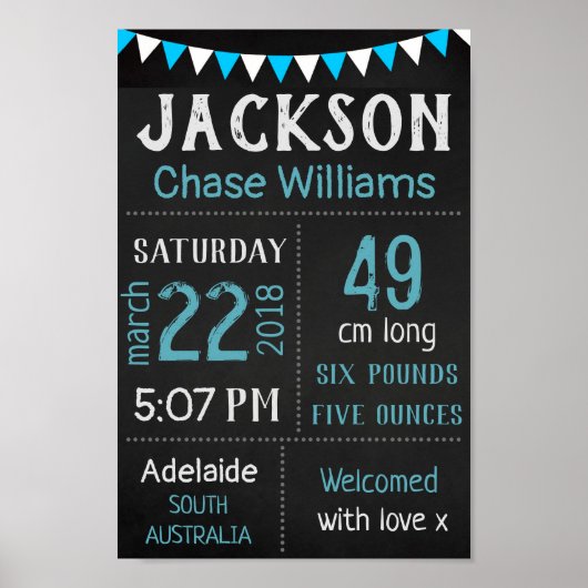 Baby Birth Stats Wall Print Poster - Blue Chalk (Voorkant)