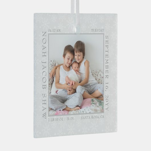 Baby Birth Stats White Snowflake Photo Lijst Glas Ornament (Voorkant Rechts)