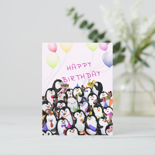 Baby Birthday Kaart Happy Penguins Party Jouw teks (Staand voorkant)