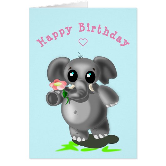 Baby Birthday Kaart Little Elephant with Flower (Voorkant)