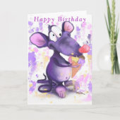Baby Birthday Kaart Paarse muis met ijsroom (Voorkant)