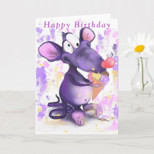 Baby Birthday Kaart Paarse muis met ijsroom (Kleine Plant)