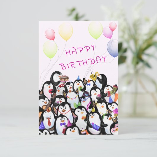 Baby Birthday Kaart Penguins Party - Jouw tekst Na (Staand voorkant)