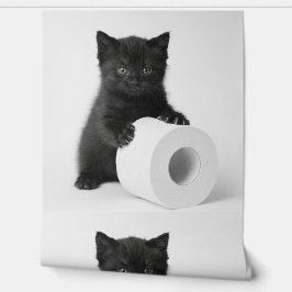 Baby Black Kitten Guarding Toilet Paper Roll On Behang