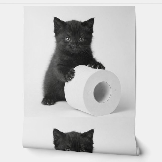 Baby Black Kitten Guarding Toilet Paper Roll On Behang (Afrollen)