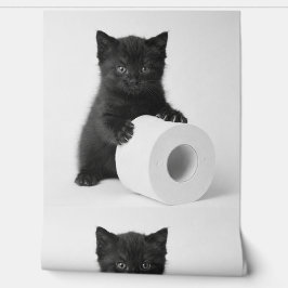 Baby Black Kitten Guarding Toilet Paper Roll On Behang