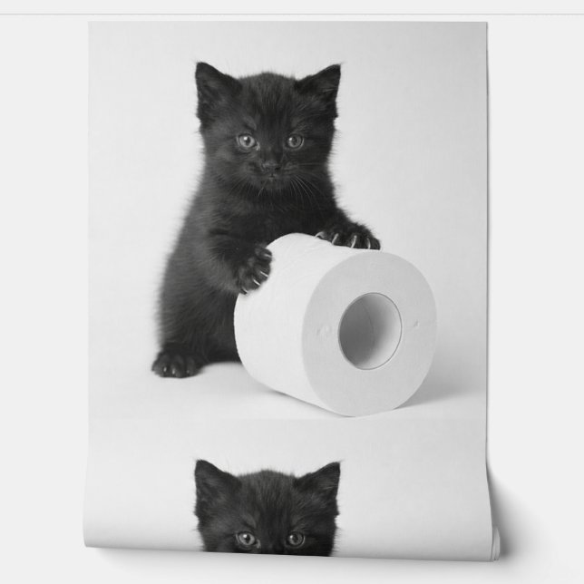 Baby Black Kitten Guarding Toilet Paper Roll On Behang (Afrollen)