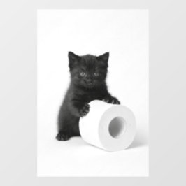 Baby Black Kitten Guarding Toilet Paper Roll On Raamsticker