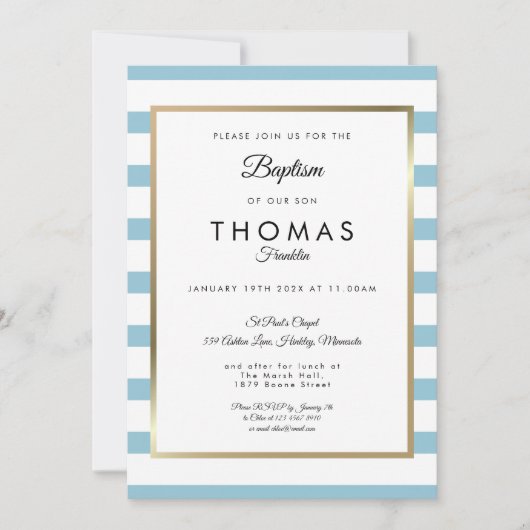 Baby Blau Streep Doop Christening Kaart (Voorkant)