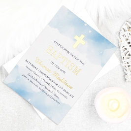 Baby Blau Waterverf Wolken Gouden Kruis Doopfeest Folie Uitnodiging