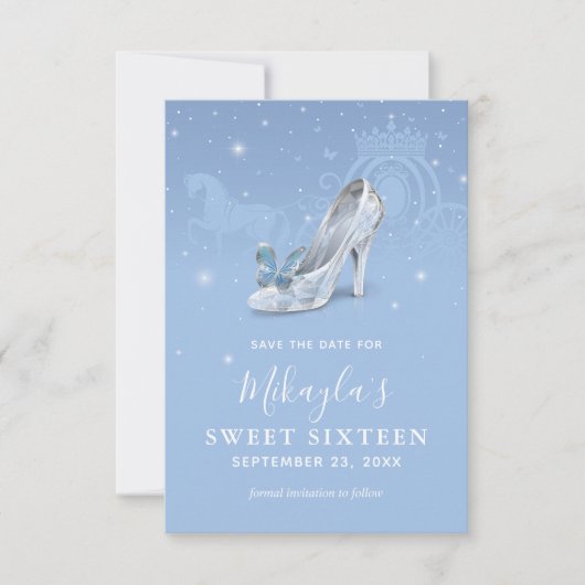 Baby Blau Zilveren Schoen Assepoester Sweet 16 Ver Save The Date (Voorkant)