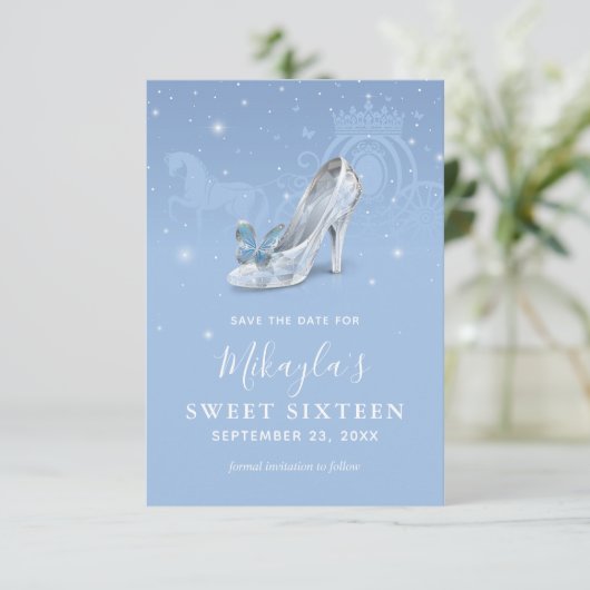 Baby Blau Zilveren Schoen Assepoester Sweet 16 Ver Save The Date (Staand voorkant)