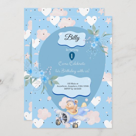 Baby Blauw 1e verjaardag uitnodiging (Voorkant / Achterkant)