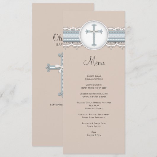 Baby blauw | Beige Cross Religious Celebration Men Menu (Voorkant / Achterkant)