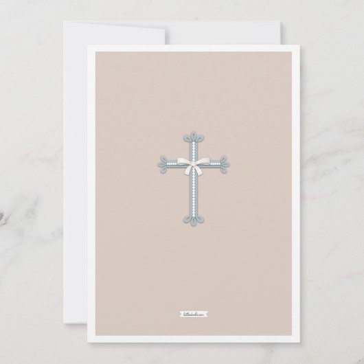 Baby blauw | Beige Photo Christening Invitation Kaart (Achterkant)