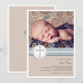 Baby blauw | Beige Photo Christening Invitation Kaart (Voorkant / Achterkant)