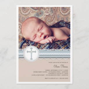 Baby blauw   Beige Photo Christening Invitation Kaart