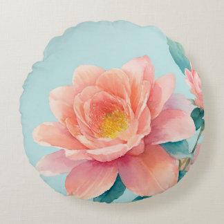 Baby Blauw, Blauwgroen en Roze Bloemen Waterverf Rond Kussen