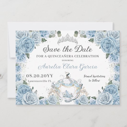 Baby Blauw Bloemen Assepoester Quinceañera Sweet 1 Save The Date (Voorkant)